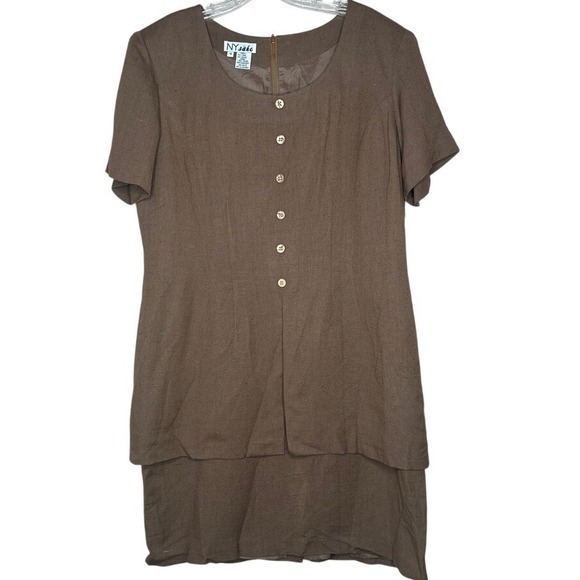 NY‎ Sake Linen Blend Dress Button Front Short Sleeve Chocolate Brown Size 16 - Picture 1 of 6